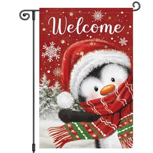 Louise Maelys Winter Welcome Garden Flag Penguin 12x18 Inch Double Sided Snowflake Christmas Xmas Holiday Seasonal Plaid Small Burlap Yard Sign Outside Home Outdoor House Decoration