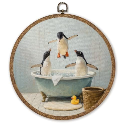 Cute Penguins Bath Wall Art, Funny Animal Round Hanging Artwork for Kids Bathroom, Penguin Bathtub Canvas Prints for Toilet Powder Room,Round Wall Hanging Decor for Bathroom 10''x10''(White-Penguins)