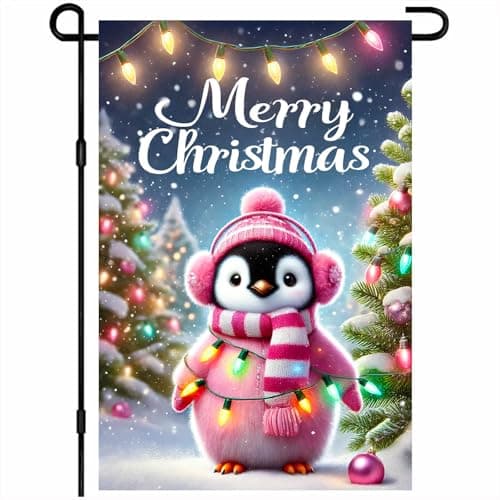 BlissYard Christmas Garden Flag 12x18 Inch Pink Penguin Yard Decor