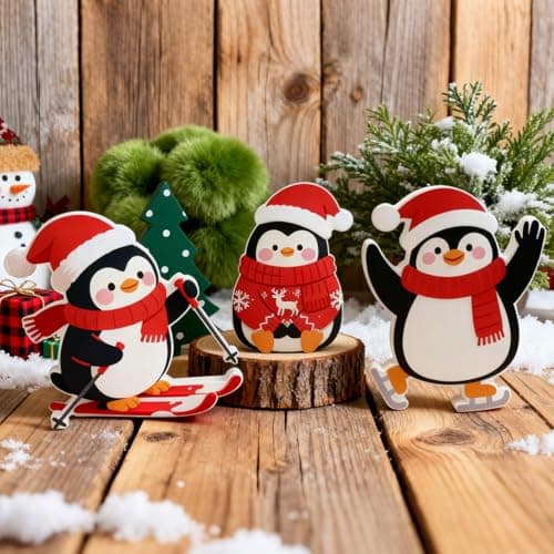 3 Pcs Christmas Table Decorations Indoor Wooden Tiered Tray Decor Xmas Standing Tabletop Ornaments Cute Penguin Blocks Winter Penguin Signs for Party Home Office Mantel Shelf Door
