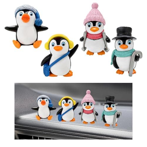 FSTURIOS 4PCS Penguin Accessory, Cute Penguin Figurines Dashboard Decor Rearview Mirror Ornament, Miniature Penguins Car Dash Decoration Creative Desk Charm for Vehicle Home Office