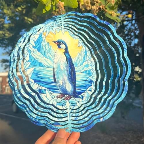PUCPAM Penguin Wind Spinner, 10x10 Inch, Stained Glass Design